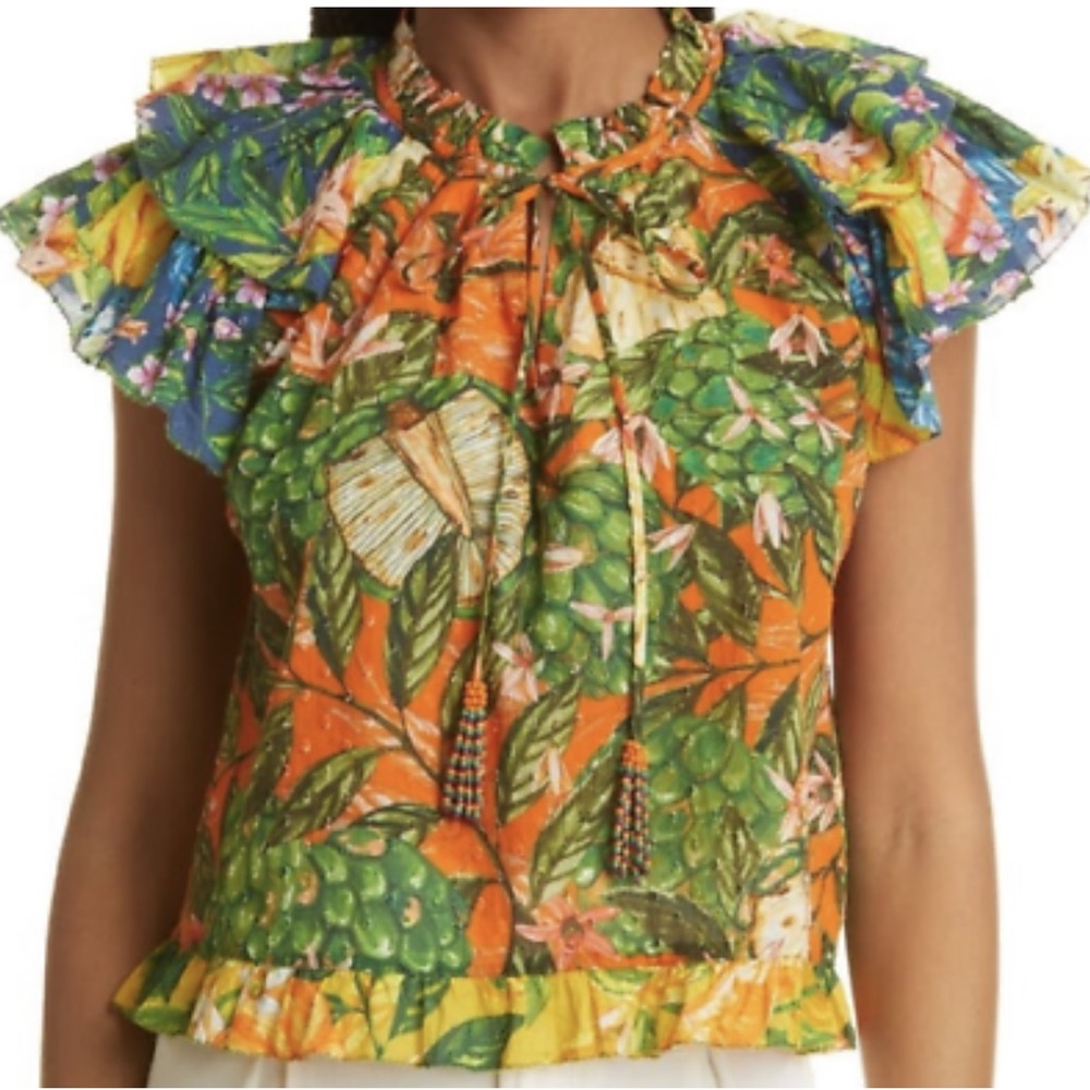 FARM Rio Green and Orange Ruffled Tie Front Blouse